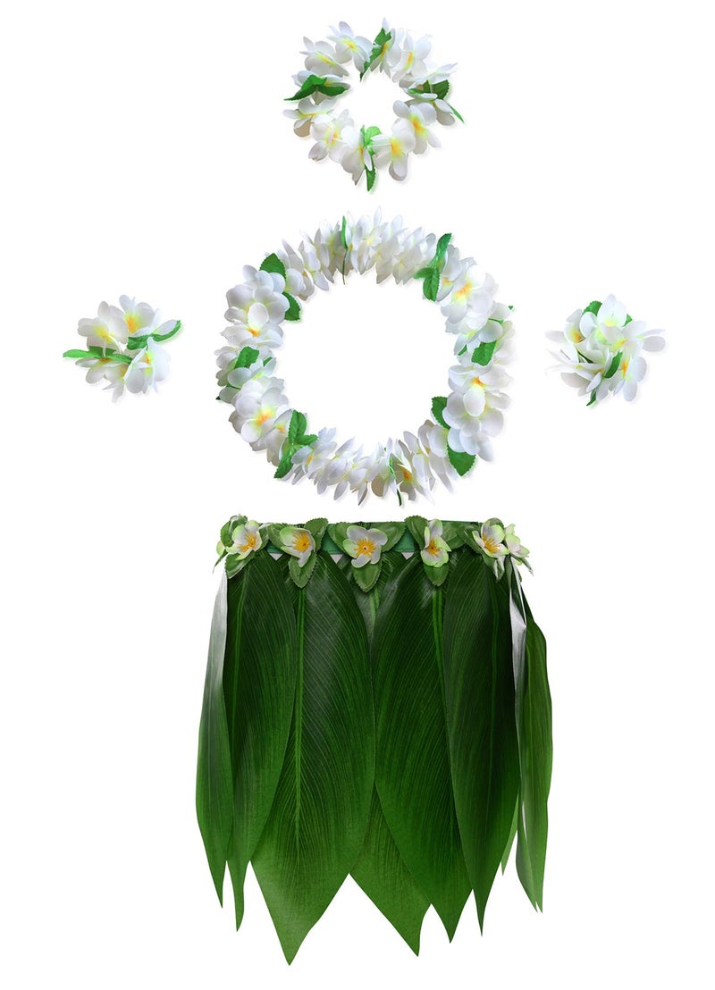KEFAN Leaf Hula Skirt and Hawaiian Leis Set Grass Skirt with Artificial Hibiscus Flowers for Hula Costume and Beach Party (F) - Image 1